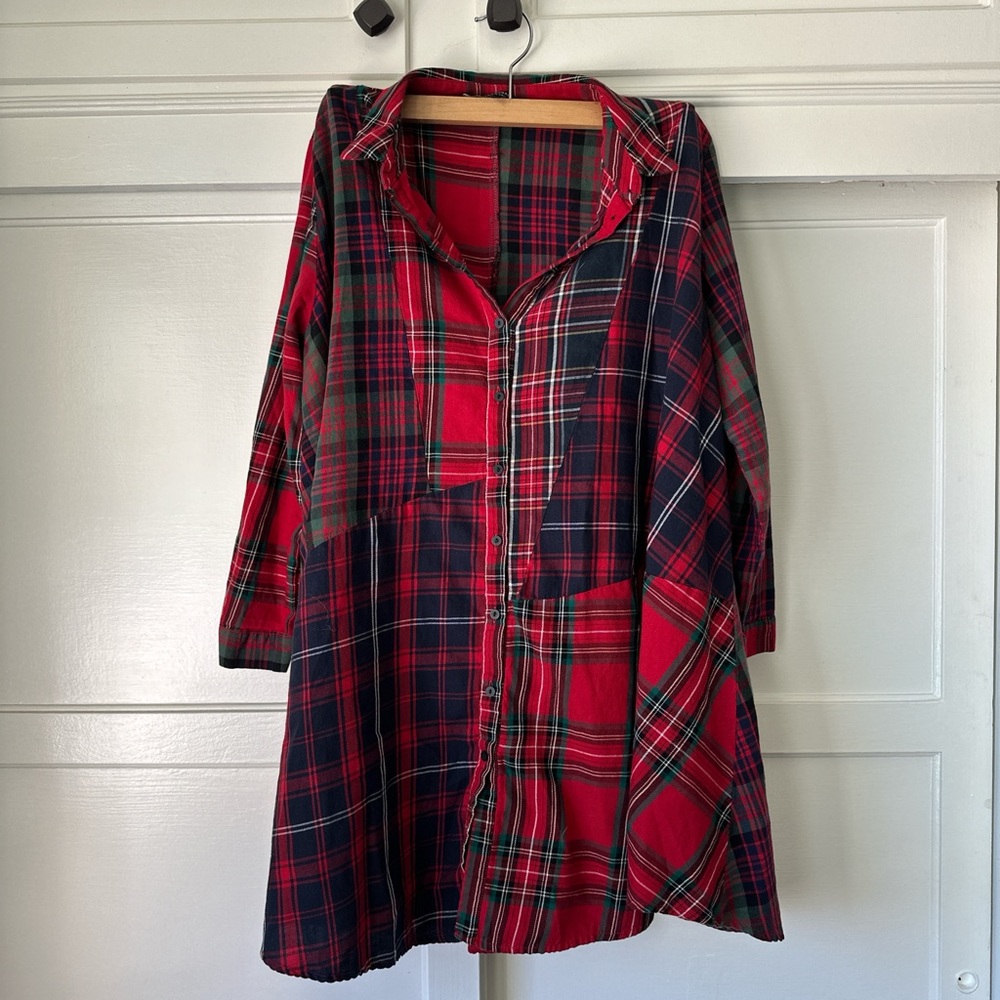 ZARA Red and Blue Plaid Button-Up Shirt Dress